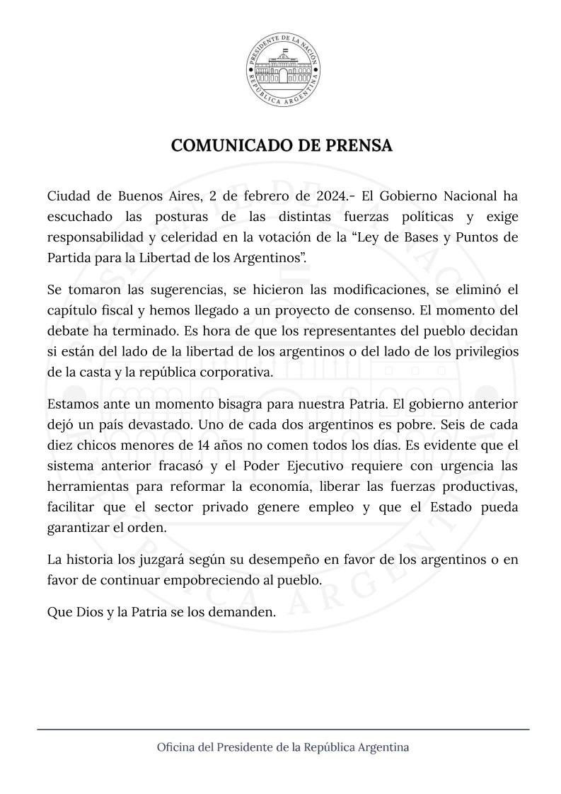 El comunicado que difundió el Poder Ejecutivo, en pleno debate por la Ley ómnibus.