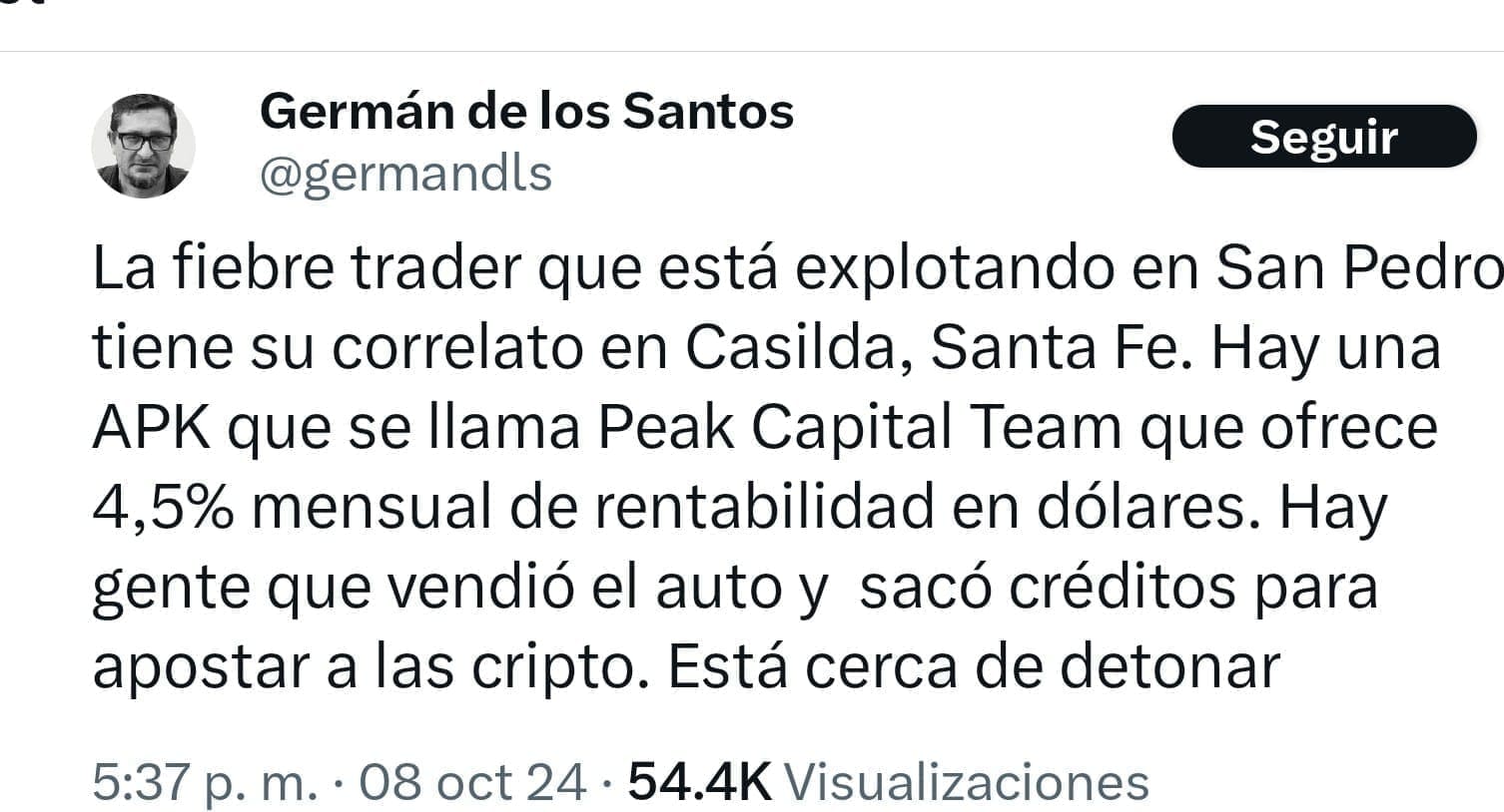 El periodista Germán de los Santos advirtió sobre la presunta estafa piramidal en Casilda