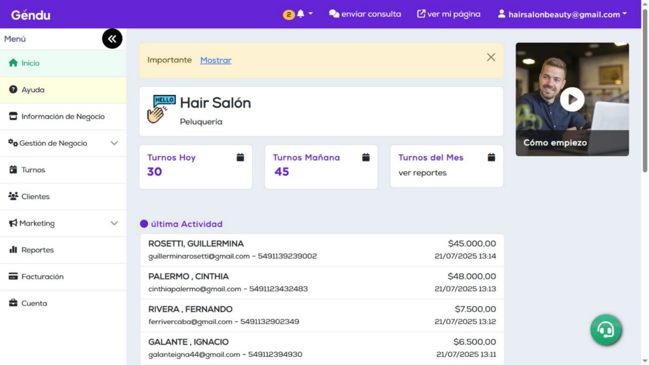Gendu permite agendar turnos, automatizar cobros, enviar recordatorios y lanzar campañas de marketin