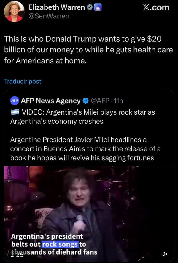 La senadora adjuntó un video de Javier Milei en el Movistar Arena