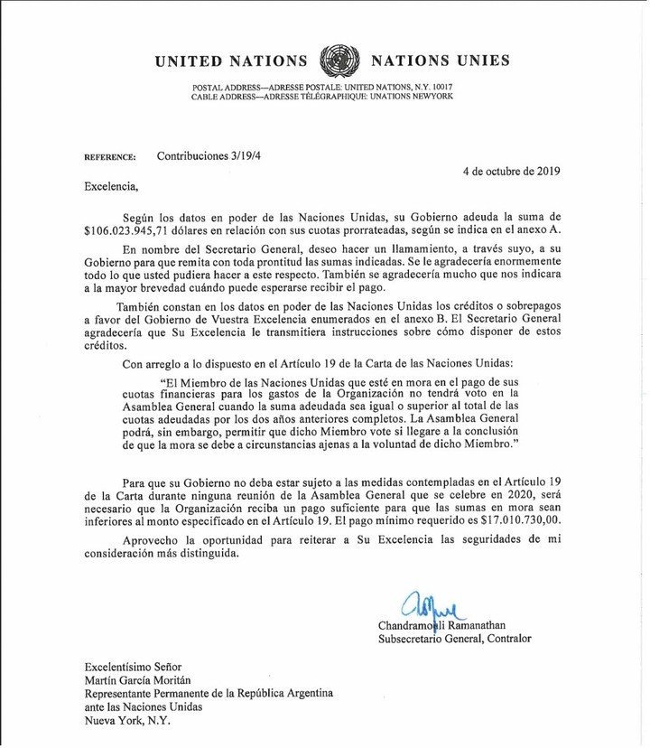 Carta de la ONU en la que se confirma la deuda.