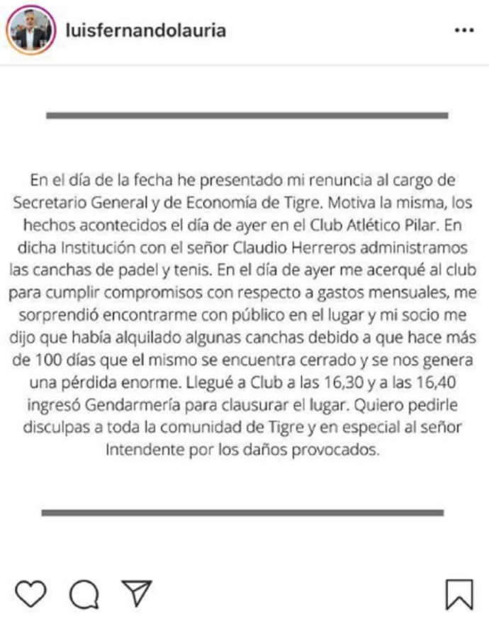 Lauria dijo que renunció y le pidió perdón a los vecinos de Tigre