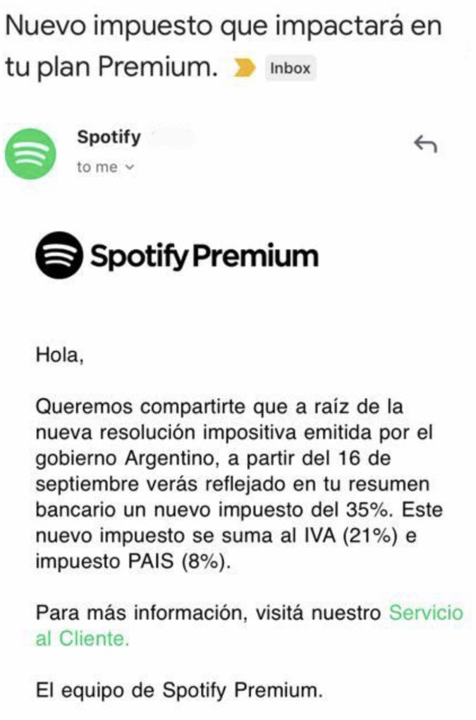 La aclaración que recibieron los clientes de Spotify.