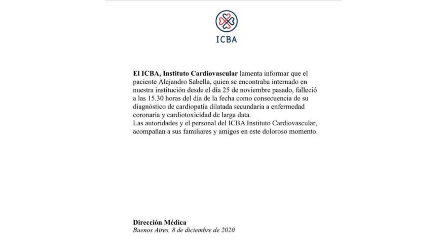 El comunicado en el que el ICBA difundió la muerte de Alejandro Sabella