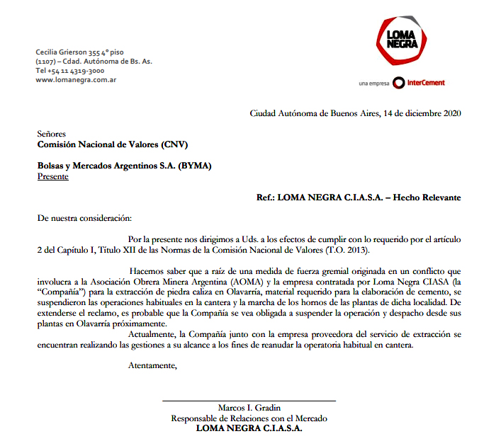 La notificación de Loma Negra a la Bolsa, emitida en las últimas horas.