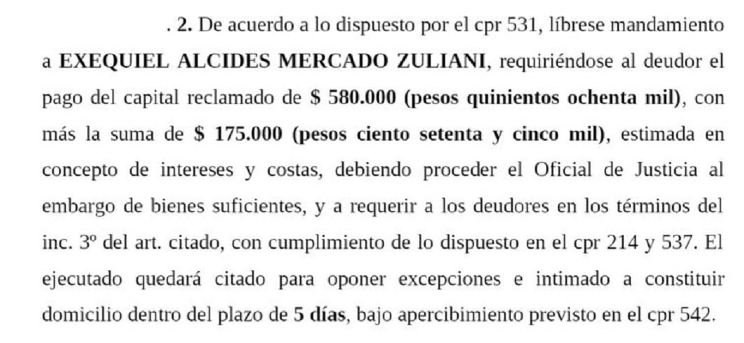 Embargo: parte de una de las demandas contra Exequiel Mercado Zuliani