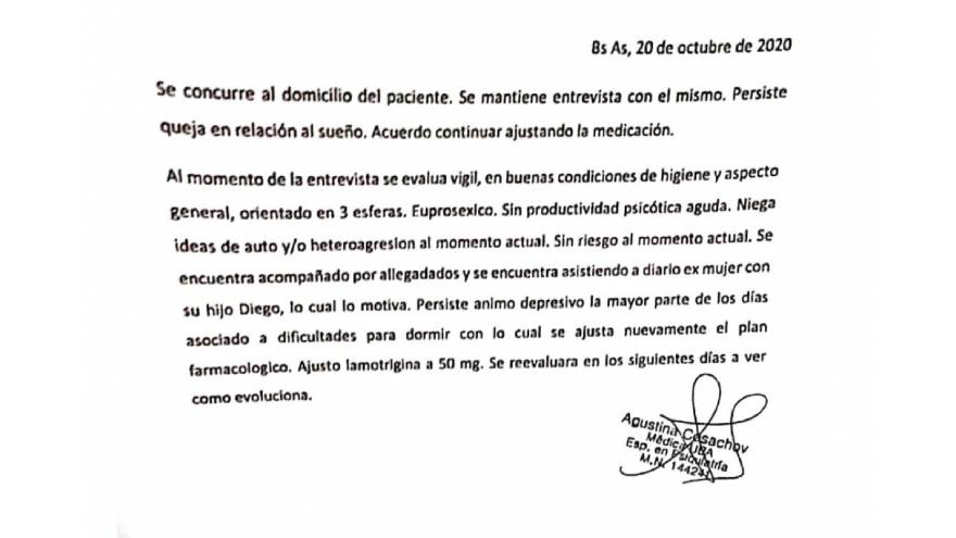 El certificado que firmó Cosachov poco más de un mes antes del deceso de Maradona