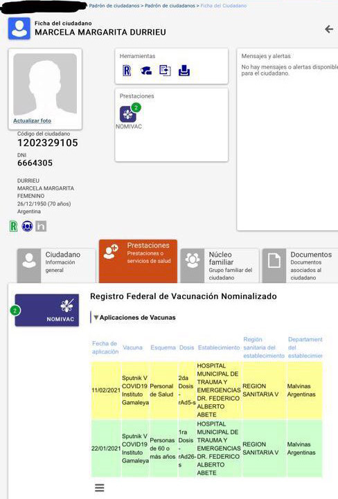 La vacunación de Marcela Durrieu, suegra de Sergio Massa.