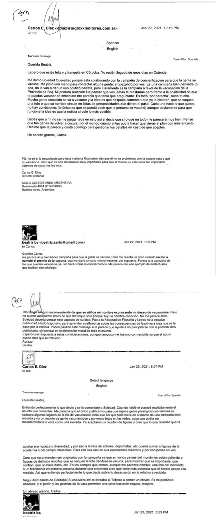 Vacunas: los mensajes que Beatriz Sarlo presentó a la Justicia.