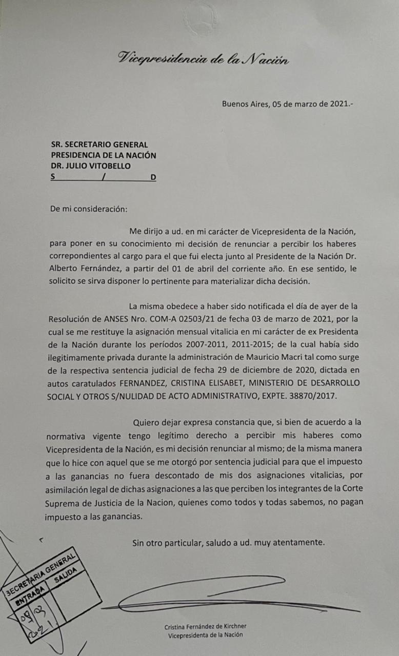 La carta que envió Cristina Fernández de Kirchner