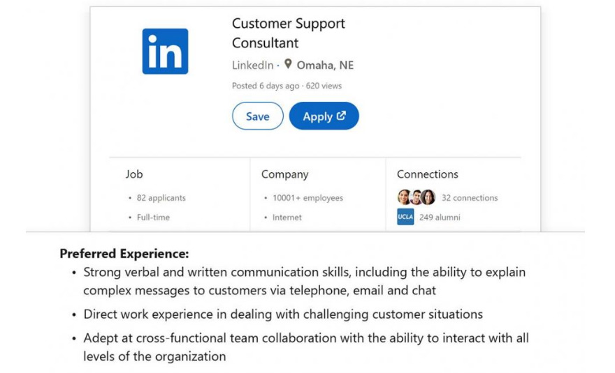 Una publicación de trabajo típica de LinkedIn.