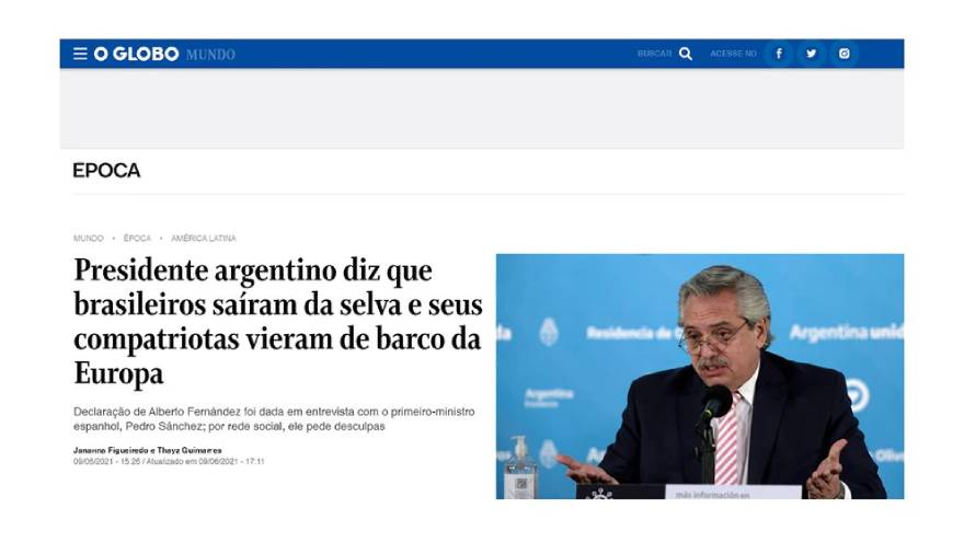 El título del diario O Globo de Brasil