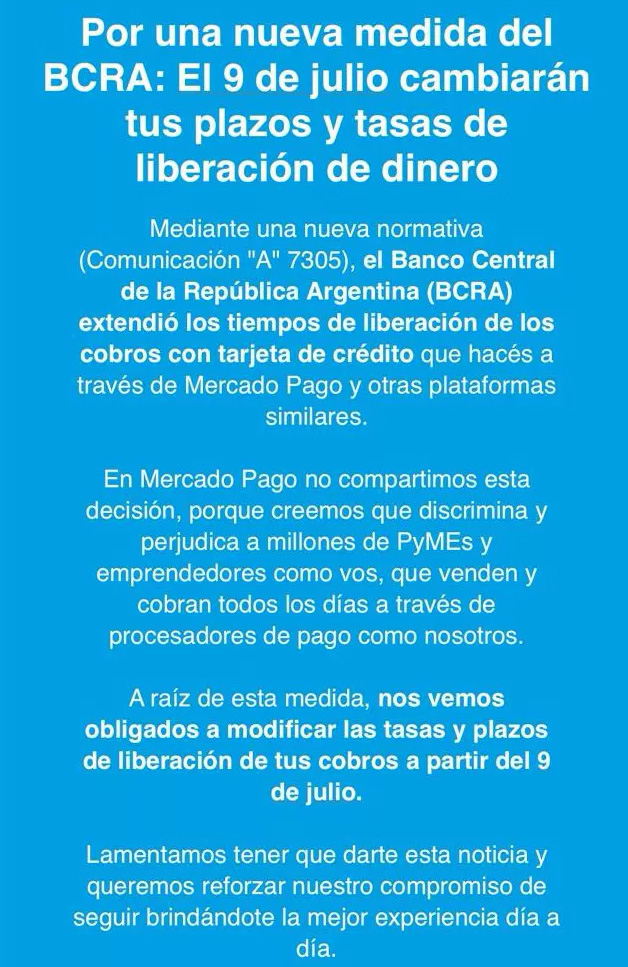 El texto que Mercado Pago envió a sus usuarios.