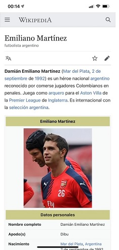 El perfil de Wikipedia de Emiliano Martínez se modificó rápidamente