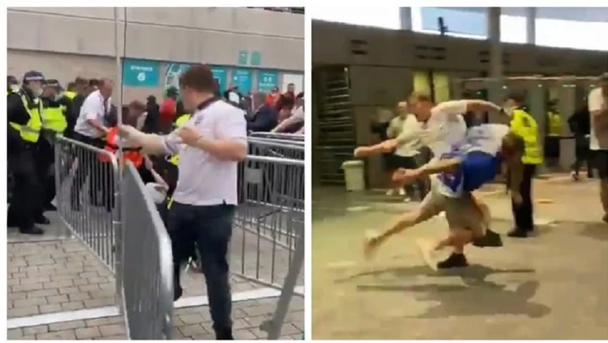 El pasillo que conduce al mítico estadio de Wembley se convirtió el domingo en el epicentro de una feroz batalla campal