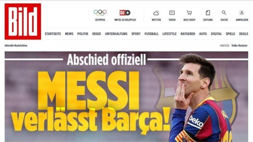 El diario alemán Bild reaccionó a la salida de Lionel Messi de Barcelona