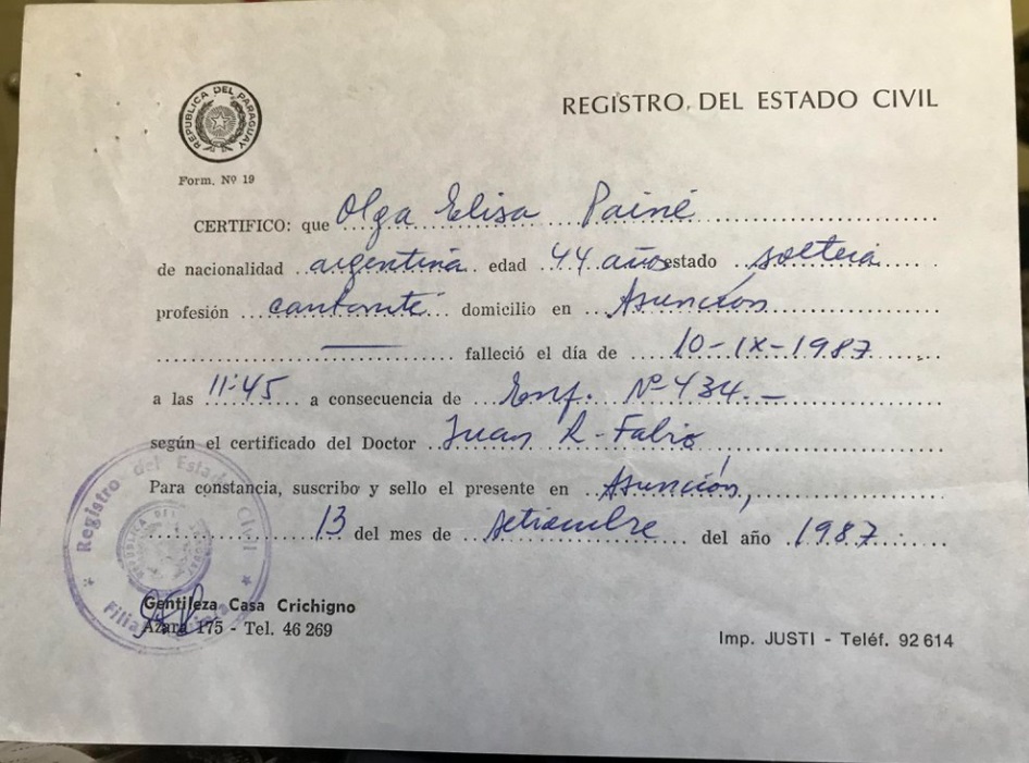 Certificado de defunción de Aimé Painé
