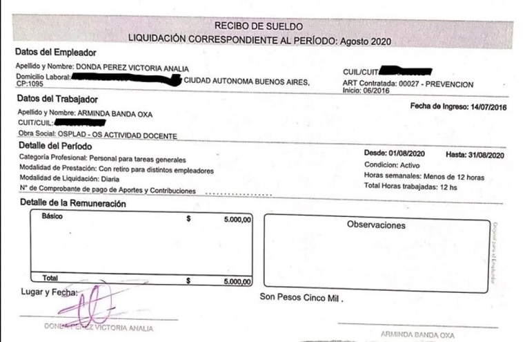 En los recibos de sueldo, la funcionaria tuvo registrada a su empleada doméstica por 48 horas mensuales y un pago de $5.000