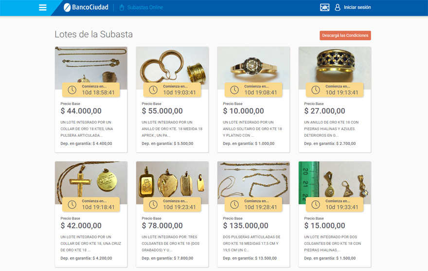 Joyas que se subastan a través de la web del Banco Ciudad.