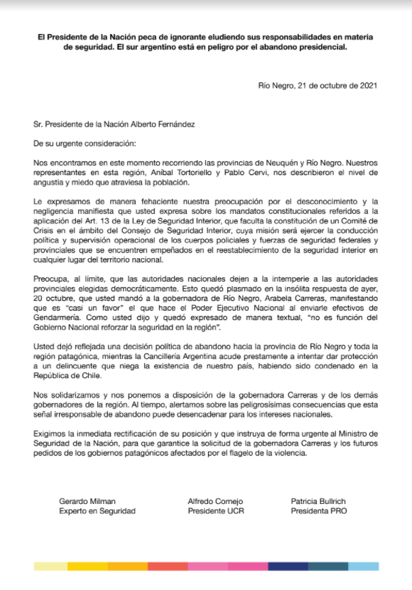 La carta que la oposición publicó lleva la firma de Bullrich, Cornejo y Milman