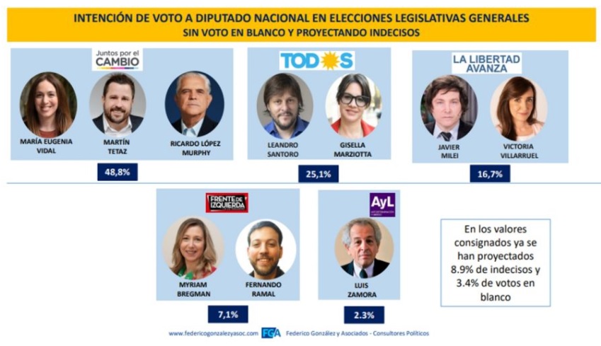 Intención de voto para los comicios del 14 de noviembre según Federico González y Asociados