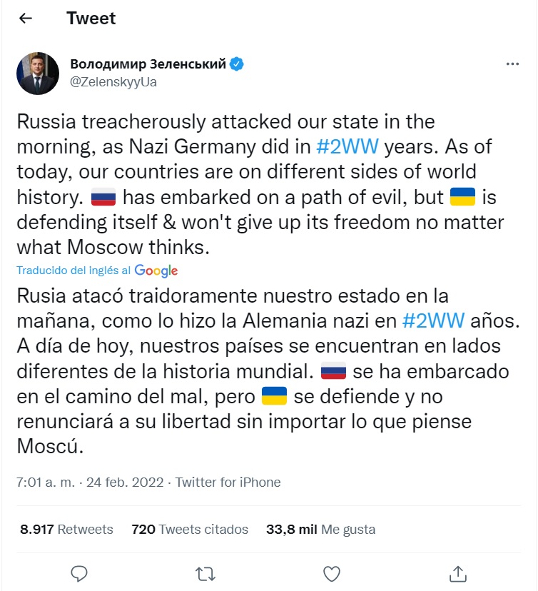 Presidente de Ucrania comparó el ataque ruso con la Alemania Nazi