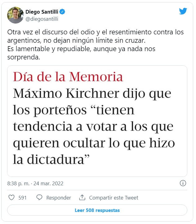 Santilli también eligió Twitter para criticar las declaraciones de Máximo Kirchner