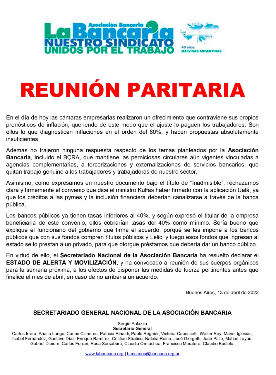 El comunicado que difundieron desde La Bancaria