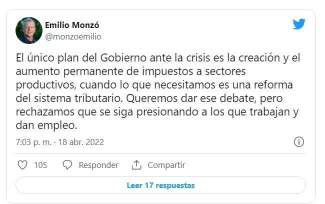 Monzó pidió una reforma al sistema tributario
