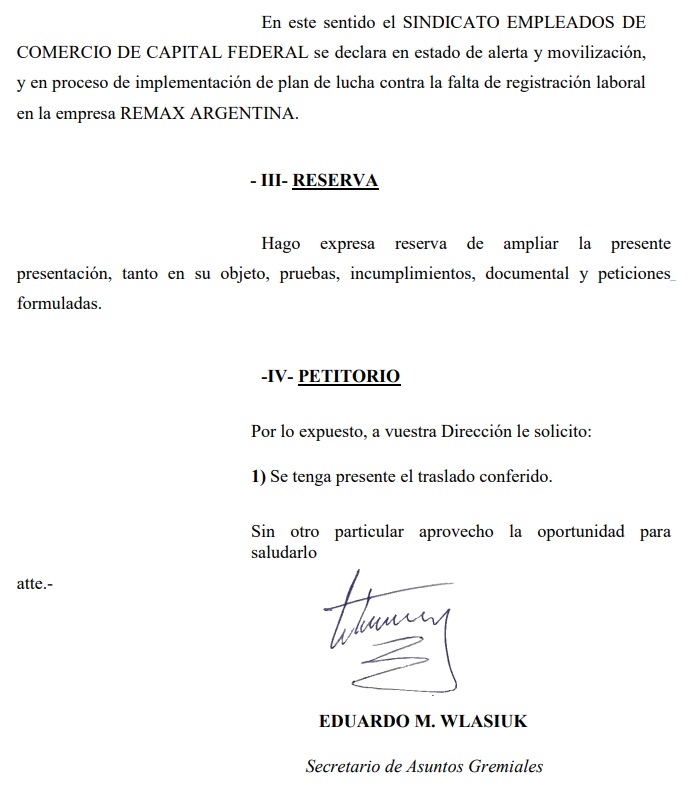 El cierre del documento emitido por el Sindicato de Comercio.