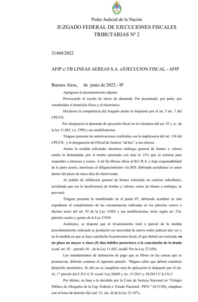 El fallo que dispone el embargo de Flybondi.