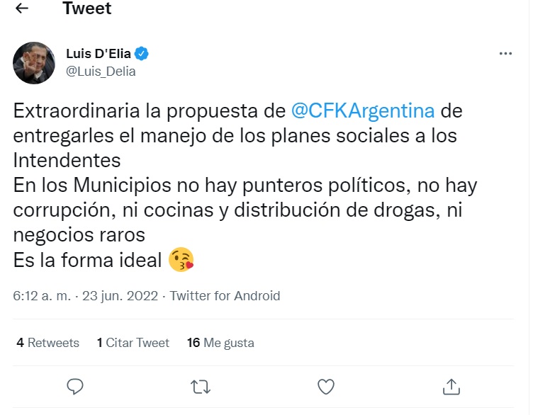 El irónico tuit de Luis D'Elía sobre la propuesta de Cristina Kirchner 