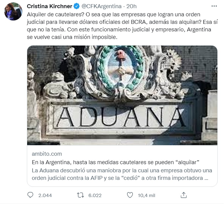 Cristina Kirchner apuntó contra el 