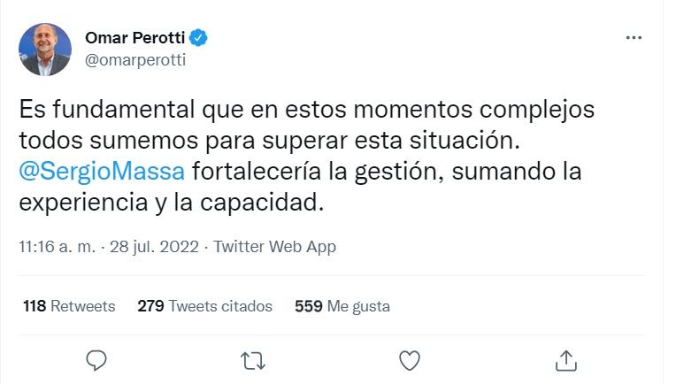Fuerte respaldo de Perotti a la posible designación de Massa en el Gabinete