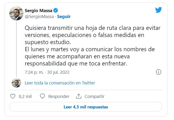 A través de una serie de mensajes publicados en sus redes sociales, Massa trazó una 