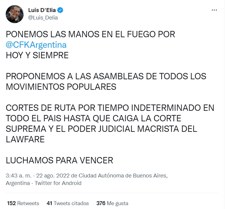 D’Elia llamó a cortar las rutas 