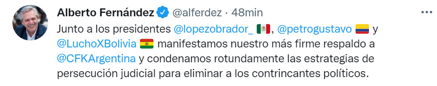 El tuit de Alberto Fernández sobre la causa Vialidad.