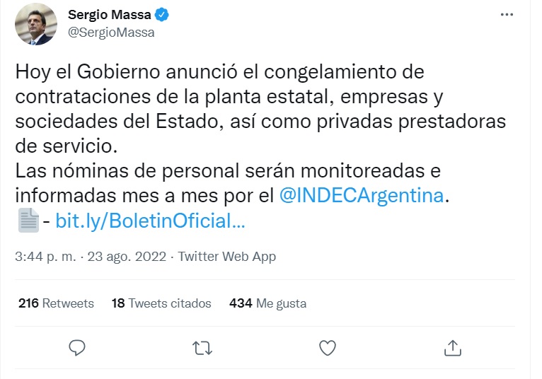 Sergio Massa congela las contrataciones en el Estado 