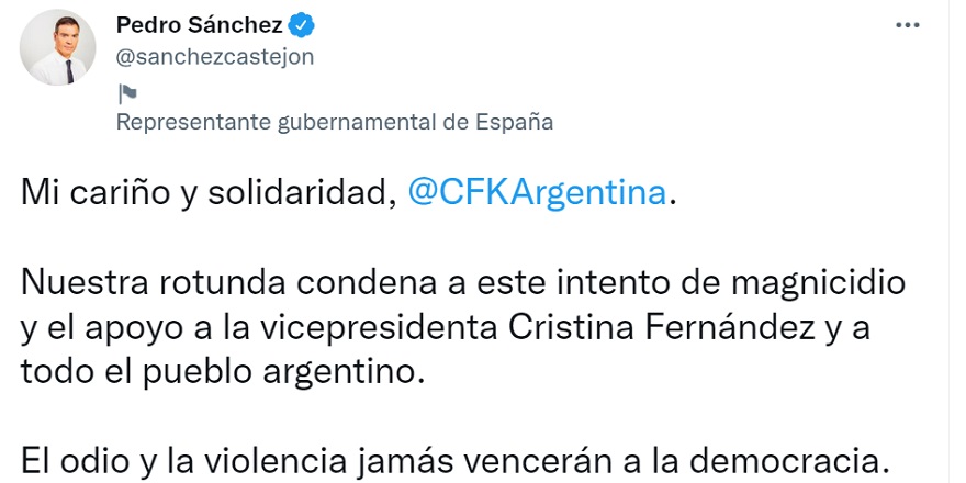 El presidente de España se sumó al fuerte repudio de la comunidad internacional