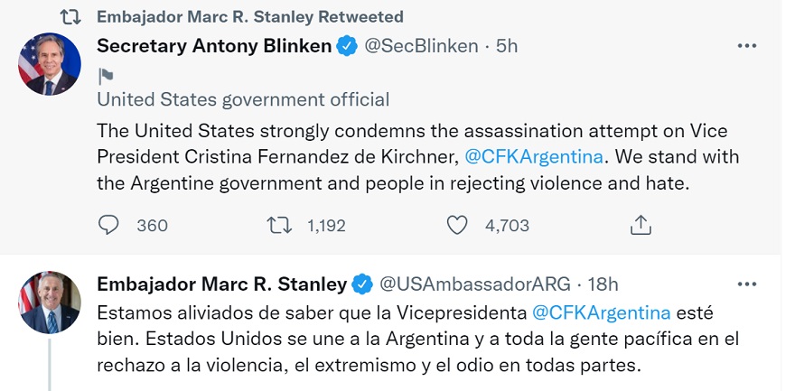 Funcionarios estadounidenses se solidarizaron con Cristina Kirchner.