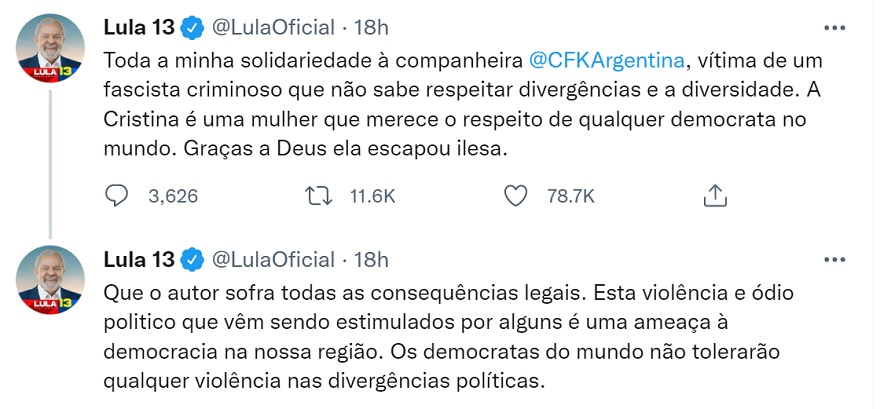 Lula da Silva es un aliado del kirchnerismo de hace varios años y envió su mensaje de apoyo a la vice argentina.
