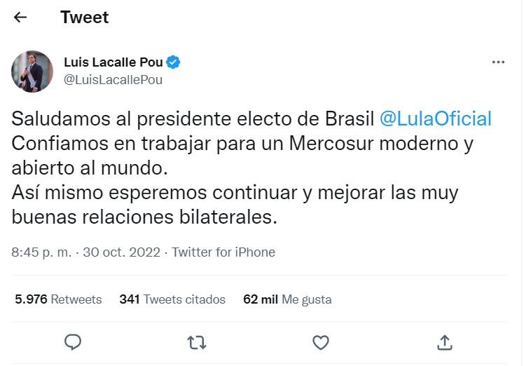 Cuando la tendencia de 2.000.000 de votos era irreversible, el presidente uruguayo Luis Lacalle Pou se sumó a los mensajes de reconocimiento a Luiz Inacio