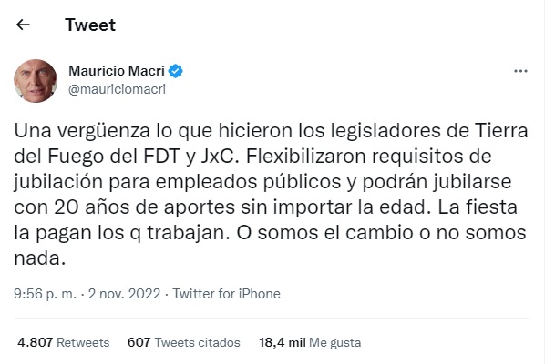 El expresidente Mauricio Macri criticó a los legisladores de Tierra del Fuego