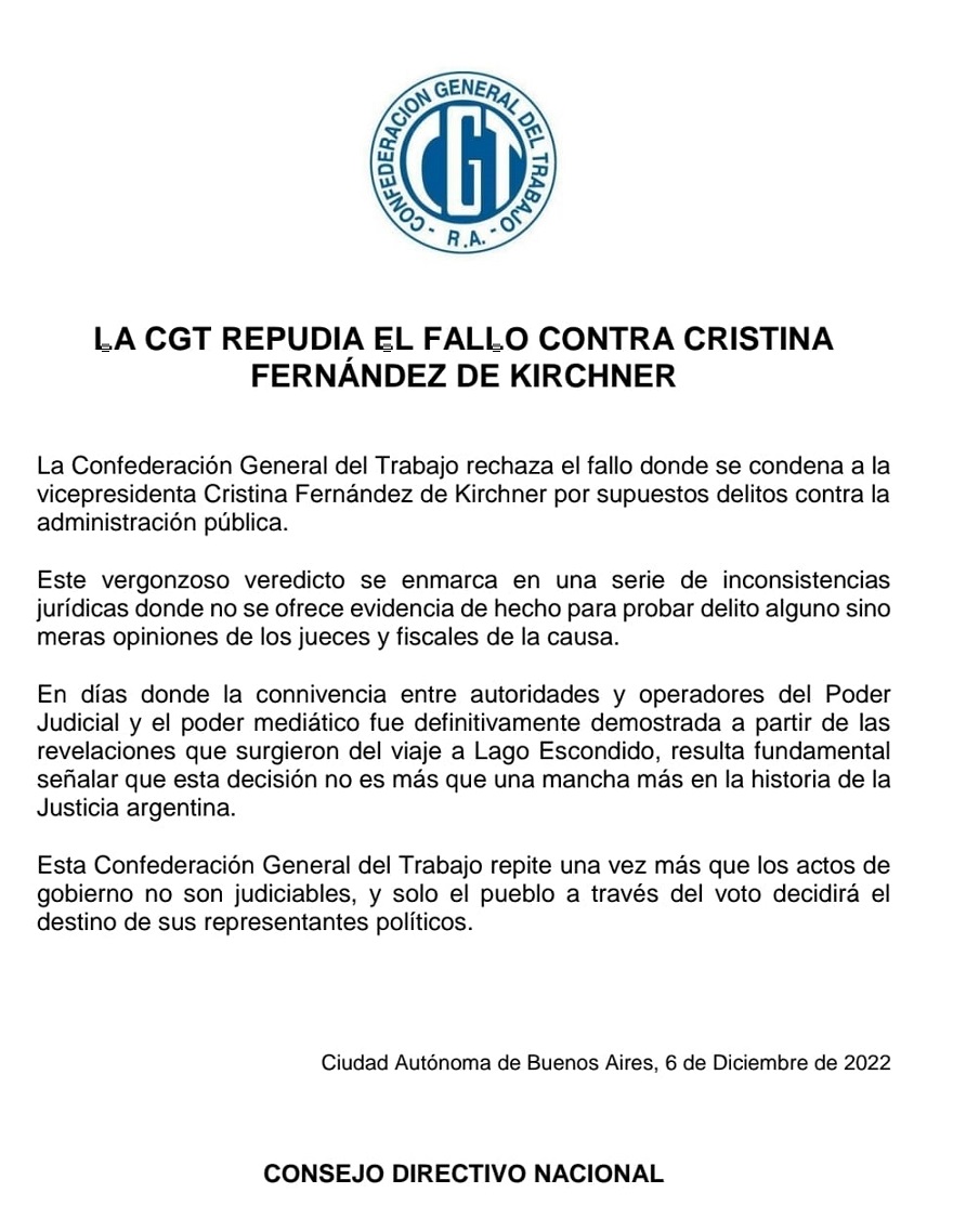 La CGT emitió un comunicado para expresar su rechazo a la condena de Cristina Kirchner en Vialidad.