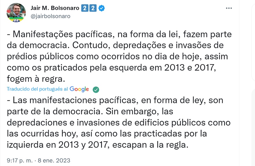 Bolsonaro repudió el ataque contra el Congreso en Brasilia.