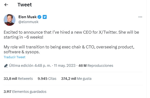 En un tuit, Elon Musk anunció que contrató una CEO para Twitter