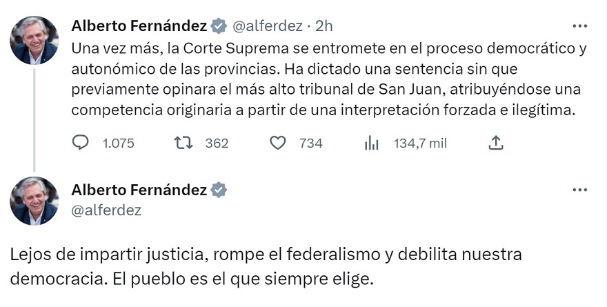 Al igual que Kicillof, el Presidente cuestionó el papel de la Corte Suprema de Justicia.