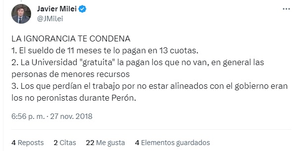 Tuit de Milei sobre el aguinaldo