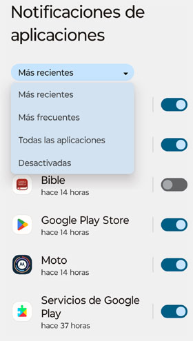 Podés ordenar las aplicaciones que envían notificaciones de varias maneras.