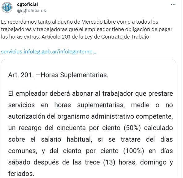 La CGT recordó en X la obligación de pagar horas extra